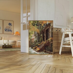 The New Yorker Poster - Autumn Brownstone Architecture Print, Fall Foliage New York City Street Scene Wall Art image 5