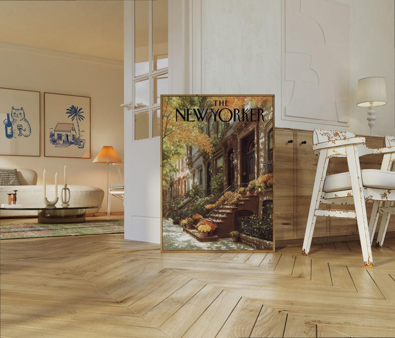 The New Yorker Poster - Autumn Brownstone Architecture Print, Fall Foliage New York City Street Scene Wall Art image 5
