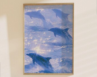 Dolphins Jumping in Ocean Waves Poster - Marine Life Sea Animals Art Print for Beach Coastal Home Decor