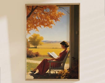 Edward Hopper Reading Poster - Woman with Book Window Landscape Art Print, Mid-Century Modern Autumn Scenery
