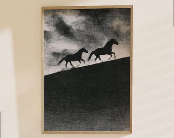 Wild Horses Running Poster - Minimalist Black and White Silhouette Art Print, Modern Animal Landscape Wall Decor