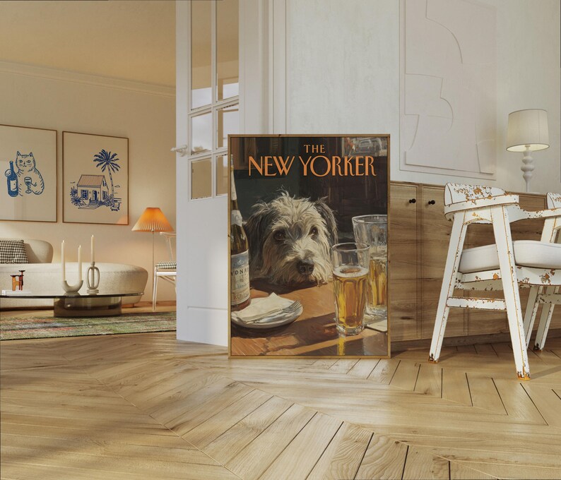The New Yorker Poster - Vintage Dog at Bar Illustration, Humorous Animal Art Print, Retro Magazine Cover Decor image 6
