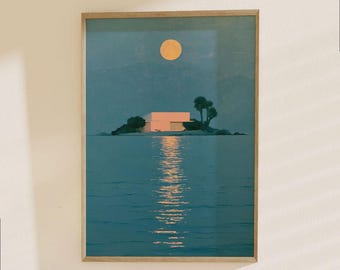 Modern Island House Poster | Minimalist Architecture Print | Sunset Over Water Wall Art Decor