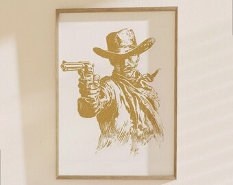 Cowboy Western Poster - Gold Outlaw Art Print, Vintage Saloon Decor, Retro Sheriff Wall Art