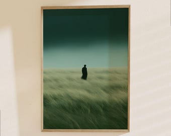 Solitary Figure in Windswept Field Poster - Minimalist Landscape Art Print, Contemporary Wall Decor