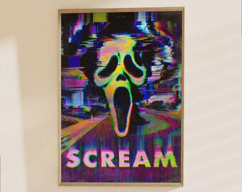 Scream Movie Poster - Neon Glitch Horror Art Print, Iconic Ghostface Mask Vaporwave Aesthetic