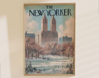 The New Yorker Poster - Vintage NYC Architecture Print, Central Park Winter Scene, New York City Skyline Wall Art