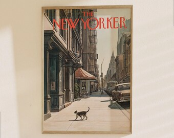 The New Yorker Poster - Vintage NYC Street Scene with Cat, Mid-Century Modern Architecture & Cityscape Wall Art