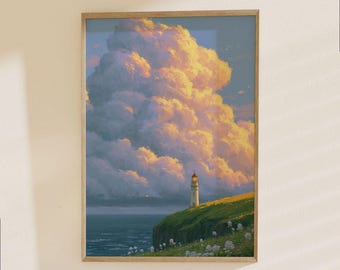 Coastal Lighthouse Poster - Golden Hour Sky with Dramatic Clouds, Ocean Landscape Art Print