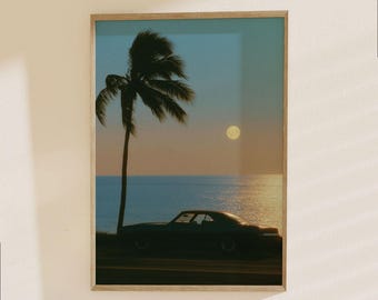 Retro Sunset Beach Car Poster - Vintage Coastal Aesthetic Wall Art Print