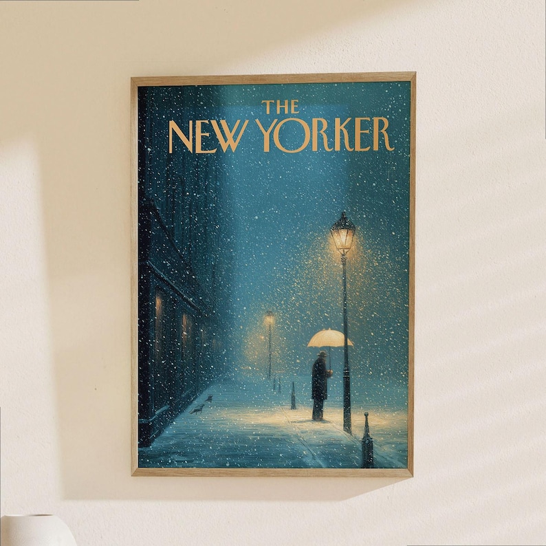 The New Yorker Poster - Snowy Winter Street Scene with Umbrella and Street Lamps Wall Art 画像 1