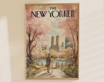 ニューヨーカー誌ポスター - ヴィンテージ ニューヨークシティ 春の公園風景とスカイライン アートプリント