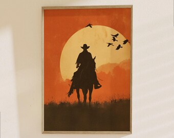 Western Cowboy Poster - Silhouette Art Print with Horse, Birds and Sunset Moon Landscape