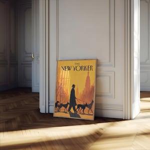The New Yorker Poster - Vintage NYC Magazine Cover Art, Man Walking Dogs in Golden Sunset Cityscape image 4