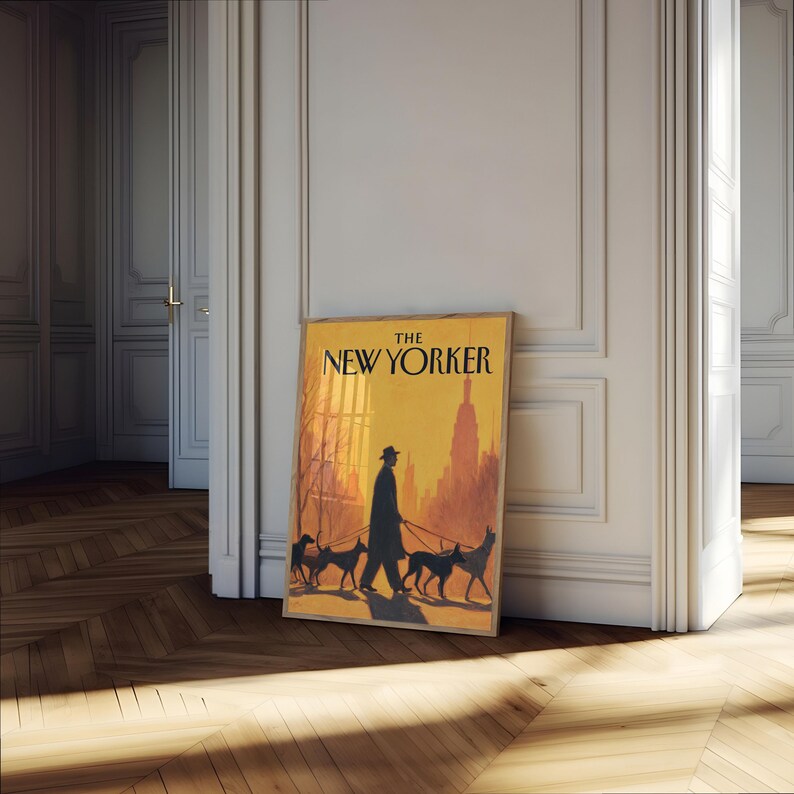 The New Yorker Poster - Vintage NYC Magazine Cover Art, Man Walking Dogs in Golden Sunset Cityscape image 4