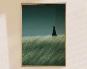 Solitary Figure Poster - Minimalist Landscape Art Print, Teal Wheat Field Wall Decor, Modern Contemplative Artwork