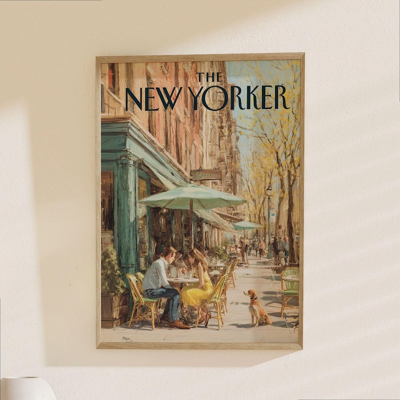 The New Yorker Poster - Vintage New York City Street Café Art Print, Urban Cityscape Wall Decor image 1