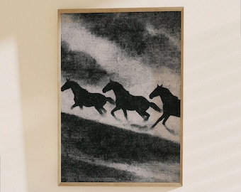 Wild Horses Running Silhouette Poster - Minimalist Black and White Animal Art Print for Modern Home Decor