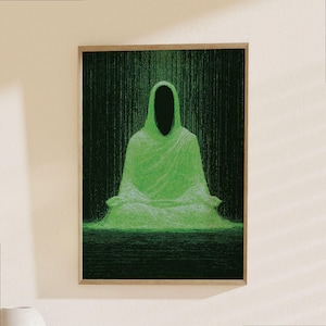 May include: A framed wall art print featuring a central figure in a hooded robe sitting in a meditative pose. The figure is rendered in bright green against a dark, textured background with vertical lines, creating a digital matrix effect.