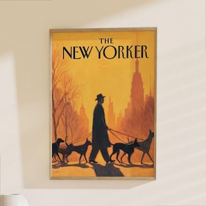 The New Yorker Poster - Vintage NYC Magazine Cover Art, Man Walking Dogs in Golden Sunset Cityscape image 1