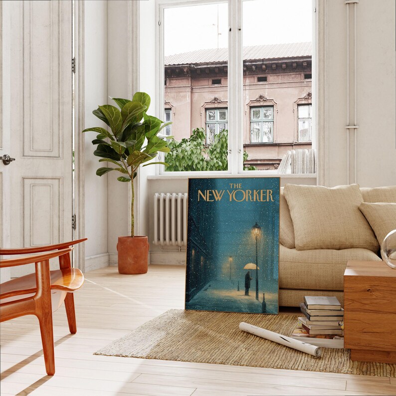 The New Yorker Poster - Snowy Winter Street Scene with Umbrella and Street Lamps Wall Art 画像 2
