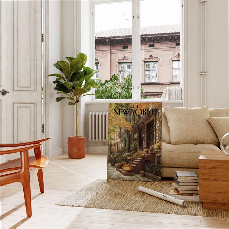 The New Yorker Poster - Autumn Brownstone Architecture Print, Fall Foliage New York City Street Scene Wall Art image 2