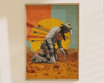 Western Cowboy Poster - Desert Outlaw Art Print, Retro Vintage Style Wall Decor for Men, Bold Modern Southwestern Home Artwork