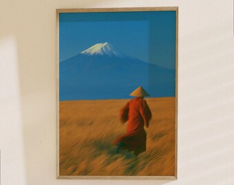 Asian Landscape Poster - Farmer in Rice Field with Snow-Capped Mountain, Travel Art Print
