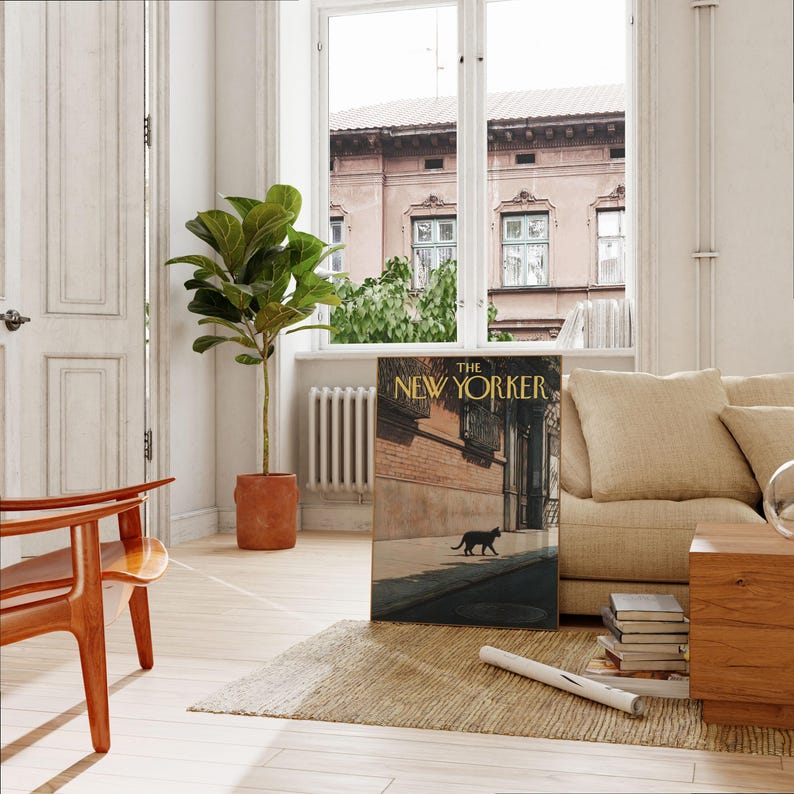 Póster de The New Yorker - Arte mural de escena urbana con gato negro, impresión de portada de revista vintage imagen 2