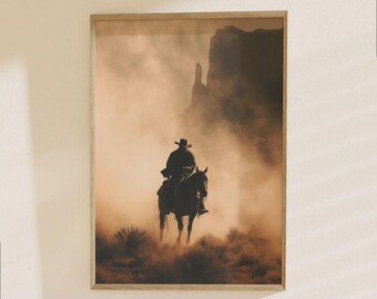 Western Cowboy Poster - Desert Horseman Silhouette Print, Rustic Southwest Wall Art Decor
