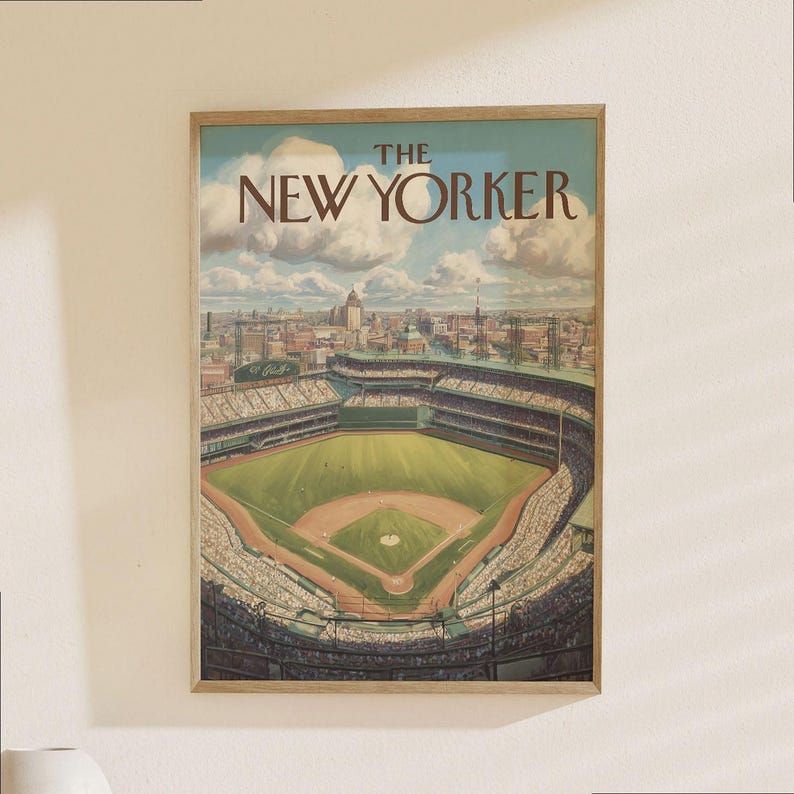 Póster del estadio de béisbol de The New Yorker - Lámina de arte deportivo vintage de Nueva York, ilustración icónica de la portada de la revista imagen 1