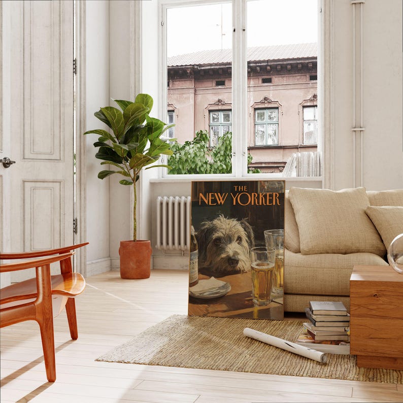The New Yorker Poster - Vintage Dog at Bar Illustration, Humorous Animal Art Print, Retro Magazine Cover Decor image 2