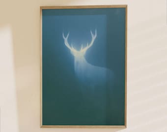 Ethereal Deer Silhouette Poster - Glowing Antlers Wildlife Art Print, Minimalist Animal Wall Decor