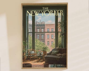 The New Yorker Poster - Iconic NYC Apartment Window View with Manhattan Skyline Art Print