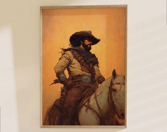Western Cowboy Portrait Poster - Vintage Old West Outlaw Horse Riding Wall Art Print
