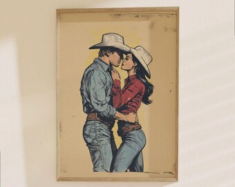 Vintage Cowboy Romance Poster - Western Love Art Print, Retro Couple Kiss Illustration, Country Decor Wall Art
