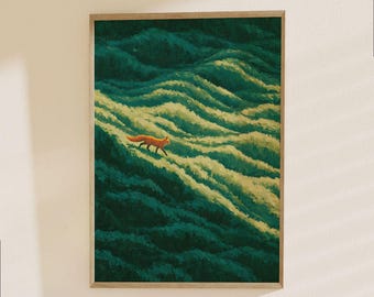 Fox in Rolling Hills Poster - Abstract Landscape Art Print, Wildlife Nature Painting, Emerald Green Yellow Decor