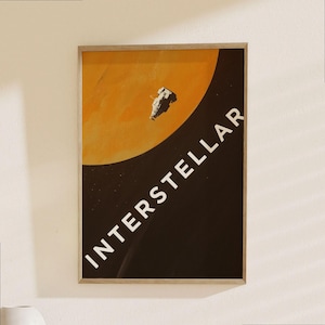 Interstellar Movie Poster - Space Adventure Wall Art, Sci-Fi Cinema Decor, Spacecraft Orange Planet Print