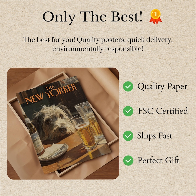 The New Yorker Poster - Vintage Dog at Bar Illustration, Humorous Animal Art Print, Retro Magazine Cover Decor image 3