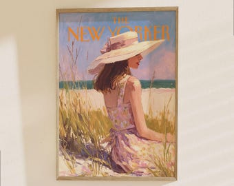 Póster de The New Yorker - Ilustración de una mujer elegante con sombrero de playa, lámina de arte de moda vintage, decoración veraniega costera.