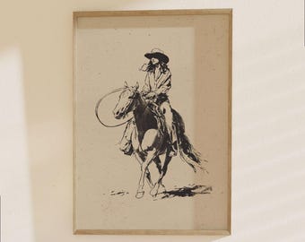 Cowgirl Western Poster - Vintage Rodeo Horse Art Print, Lasso Sketch Wall Decor
