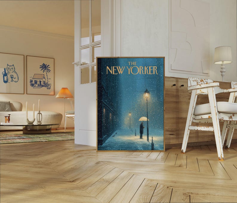 The New Yorker Poster - Snowy Winter Street Scene with Umbrella and Street Lamps Wall Art 画像 6