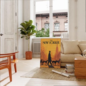 The New Yorker Poster - Vintage NYC Magazine Cover Art, Man Walking Dogs in Golden Sunset Cityscape image 2