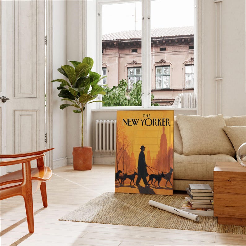 The New Yorker Poster - Vintage NYC Magazine Cover Art, Man Walking Dogs in Golden Sunset Cityscape image 2