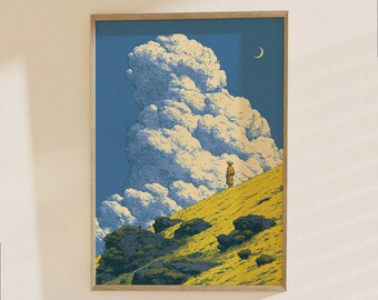 Wanderer on Golden Hills Poster - Adventure Landscape Wall Art with Massive Rock Formation and Crescent Moon