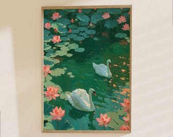 Water Lily Pond Poster - White Swans Pink Flowers Modern Nature Art Print Botanical Garden Decor