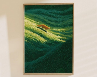 Fox in Grass Field Poster - Wildlife Nature Art Print, Animal Landscape Illustration for Home Decor