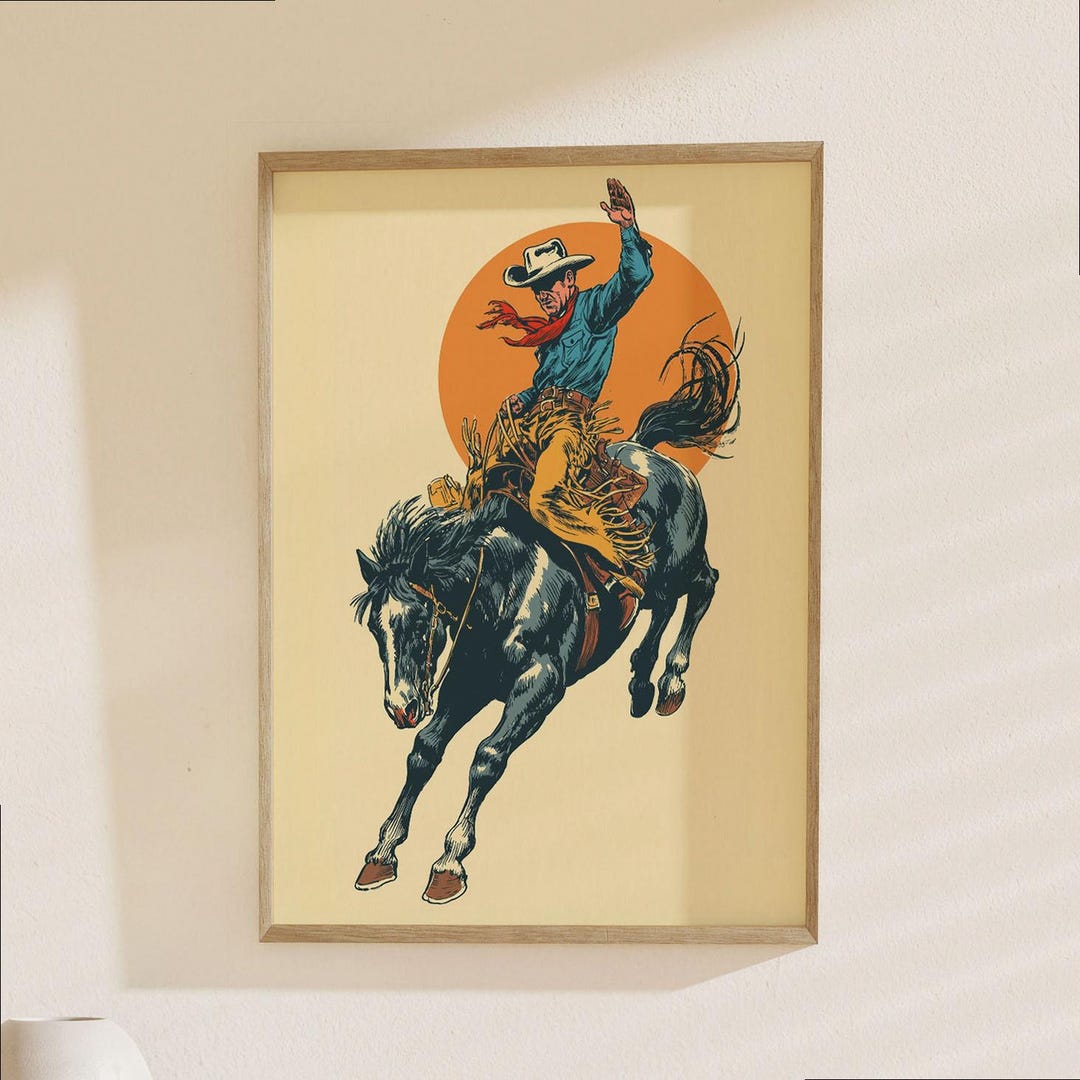 Western Cowboy Poster - Vintage Rodeo Bucking Horse Art Print, Retro ...