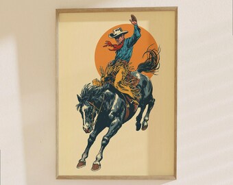 Western Cowboy Poster - Vintage Rodeo Bucking Horse Art Print, Retro Cowboy Wall Decor