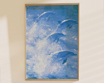 Dolphins in Ocean Waves Poster - Marine Wildlife Art Print, Sea Life Decor, Blue Water Beach Wall Art